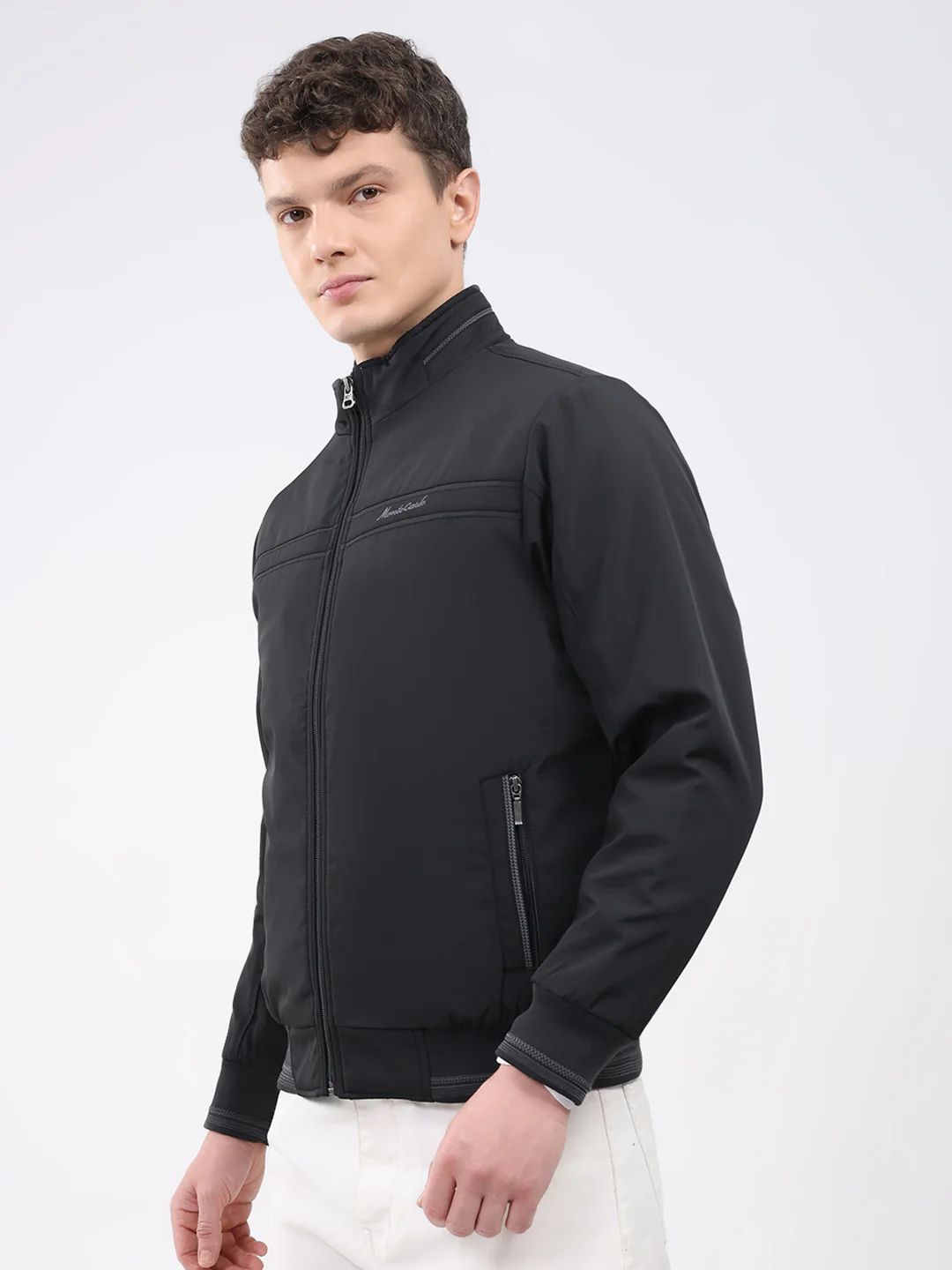 Men Black Solid Mock Neck Full Sleeve Jacket - Image 3