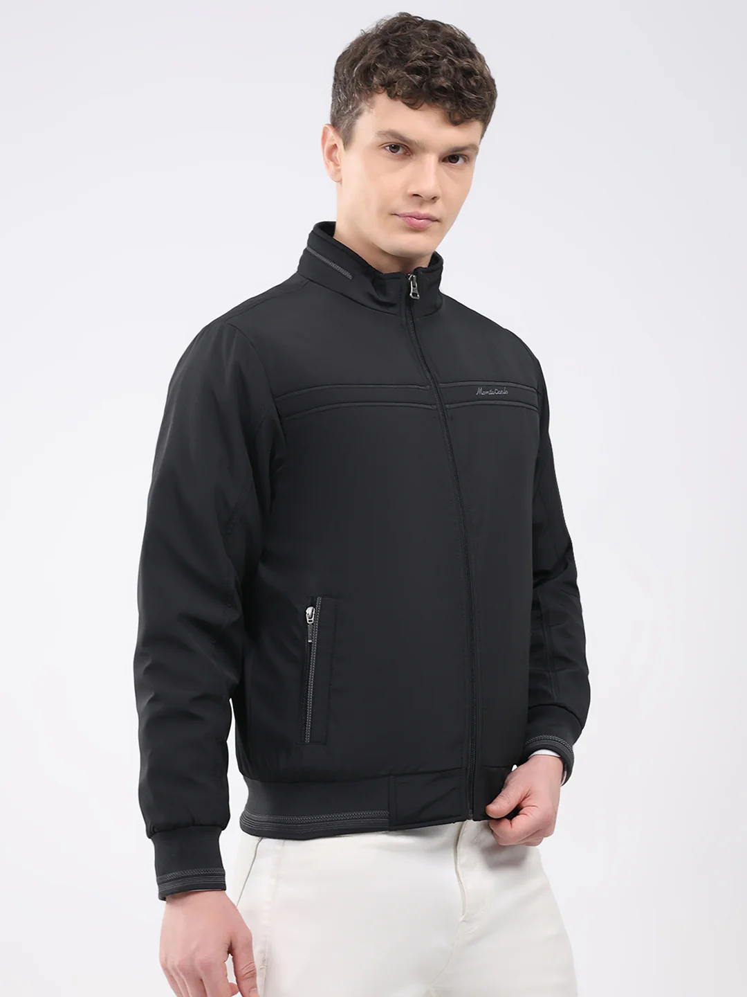 Men Black Solid Mock Neck Full Sleeve Jacket - Image 4
