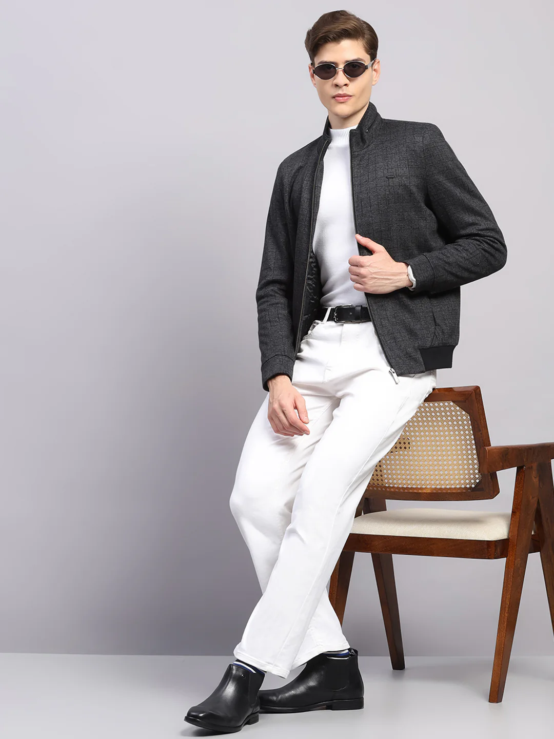 Men Black Solid Mock Neck Full Sleeve Jacket - Image 2