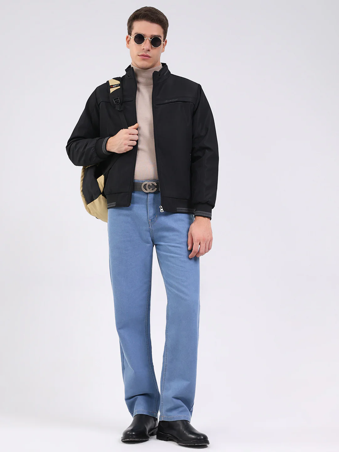 Men Black Solid Mock Neck Full Sleeve Jacket - Image 2