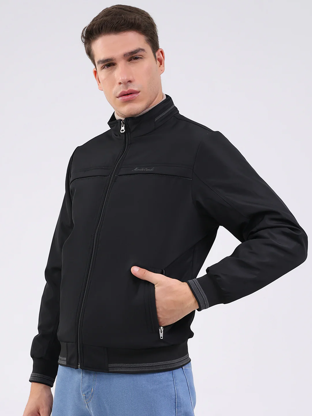 Men Black Solid Mock Neck Full Sleeve Jacket - Image 3