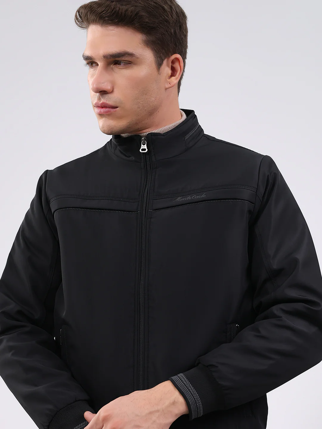 Men Black Solid Mock Neck Full Sleeve Jacket - Image 6