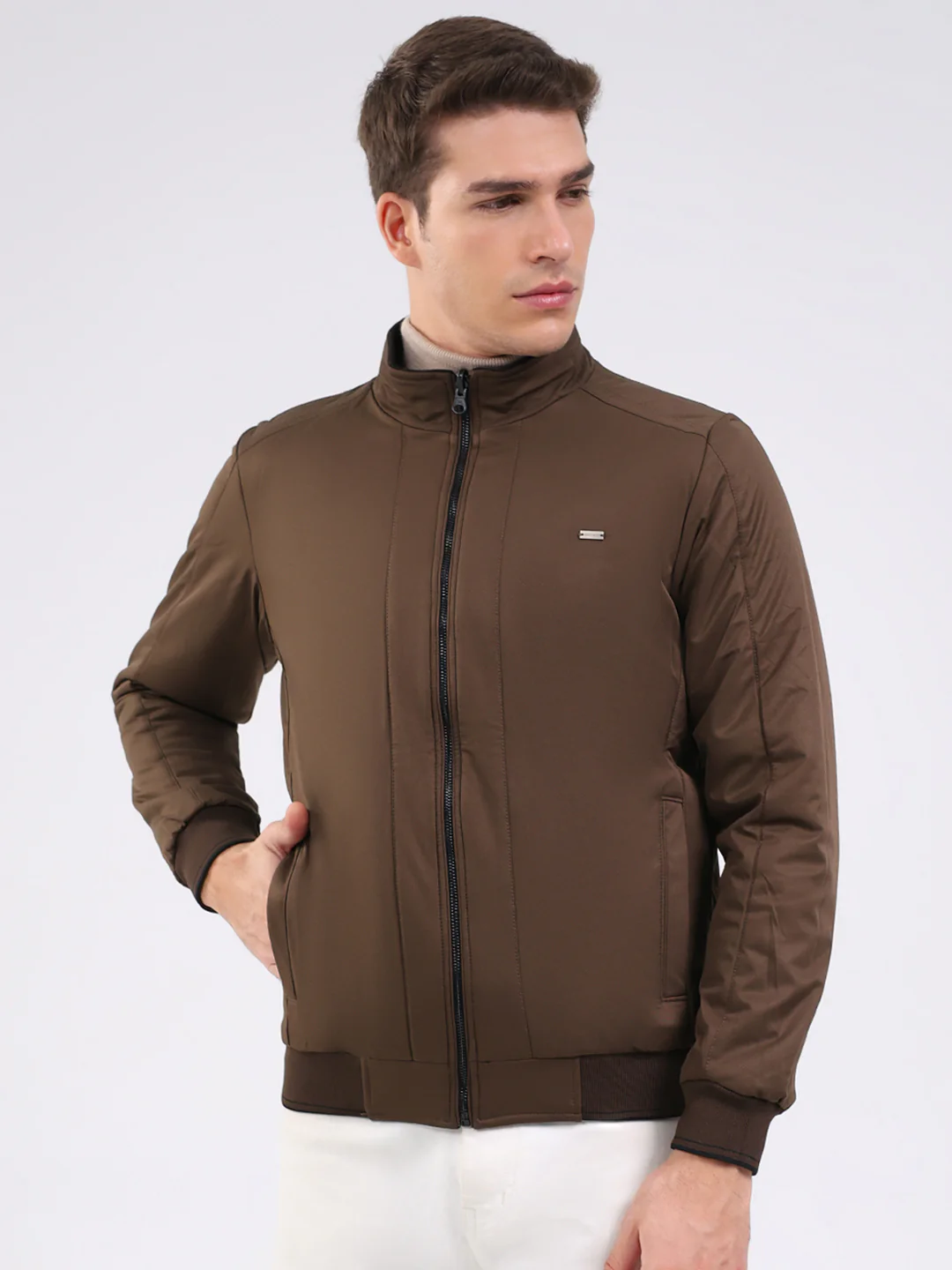 Men Black Solid Mock Neck Full Sleeve Jacket - Image 6