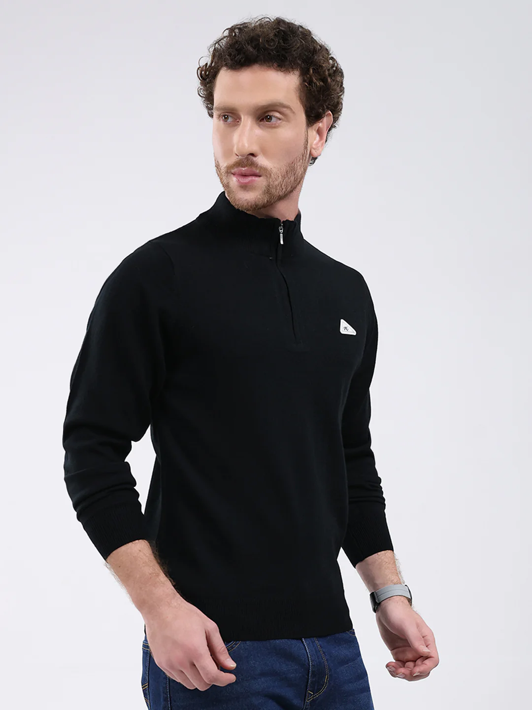 Men Black Solid Mock Neck Full Sleeve Pullover - Image 4