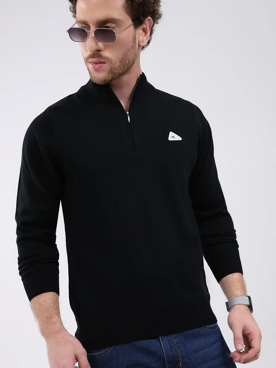 Men Black Solid Mock Neck Full Sleeve Pullover - Image 6