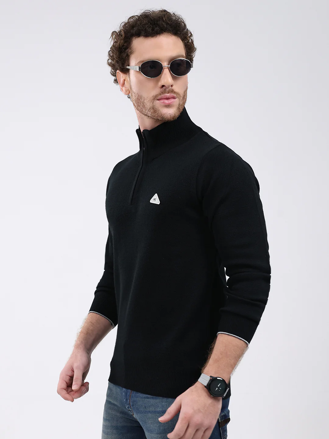 Men Black Solid Mock Neck Full Sleeve Pullover - Image 6