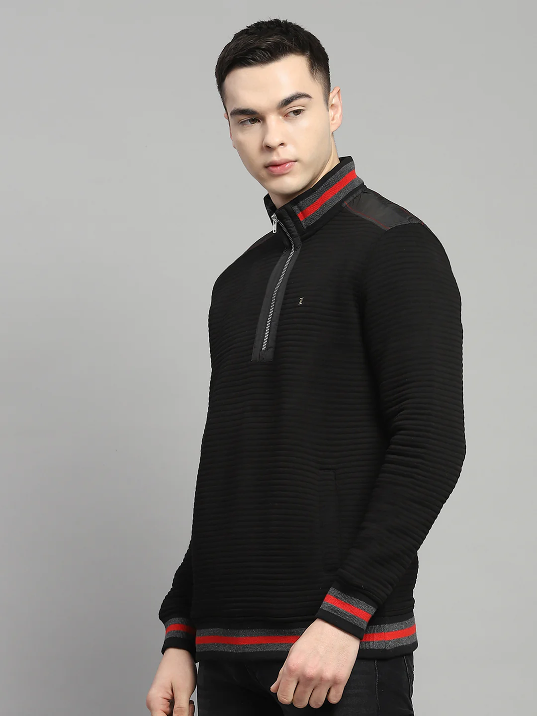 Men Black Solid Mock Neck Full Sleeve Sweatshirt - Image 3