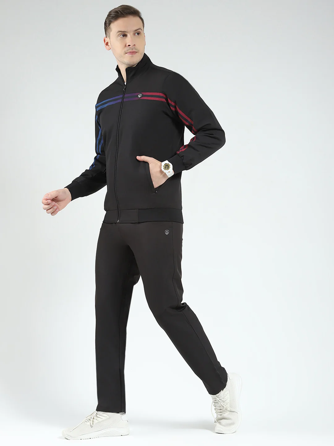 Men Black Solid Mock Neck Full Sleeve Winter Tracksuit - Image 3