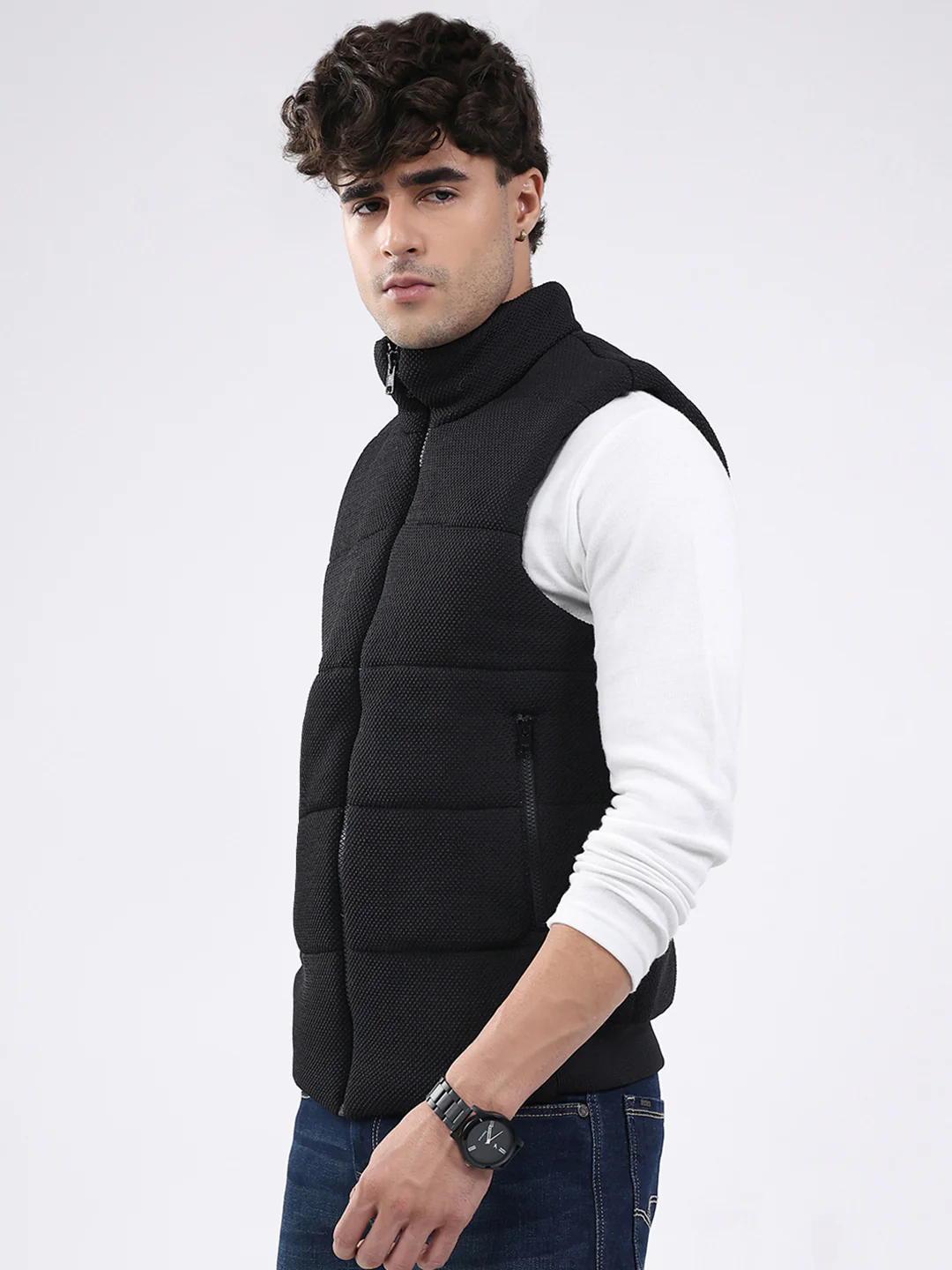 Men Black Solid Mock Neck Sleeveless Jacket - Image 3