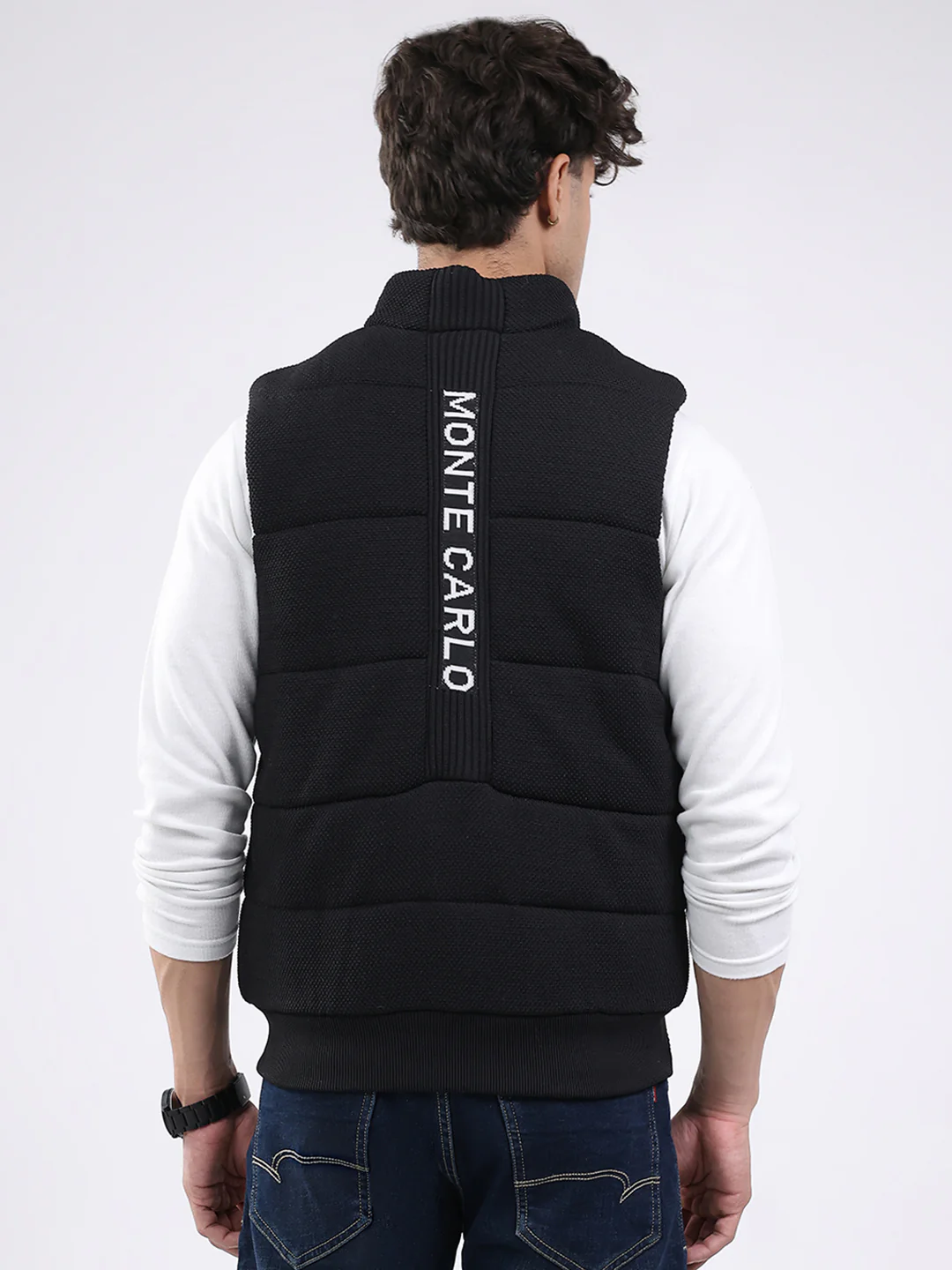 Men Black Solid Mock Neck Sleeveless Jacket - Image 5