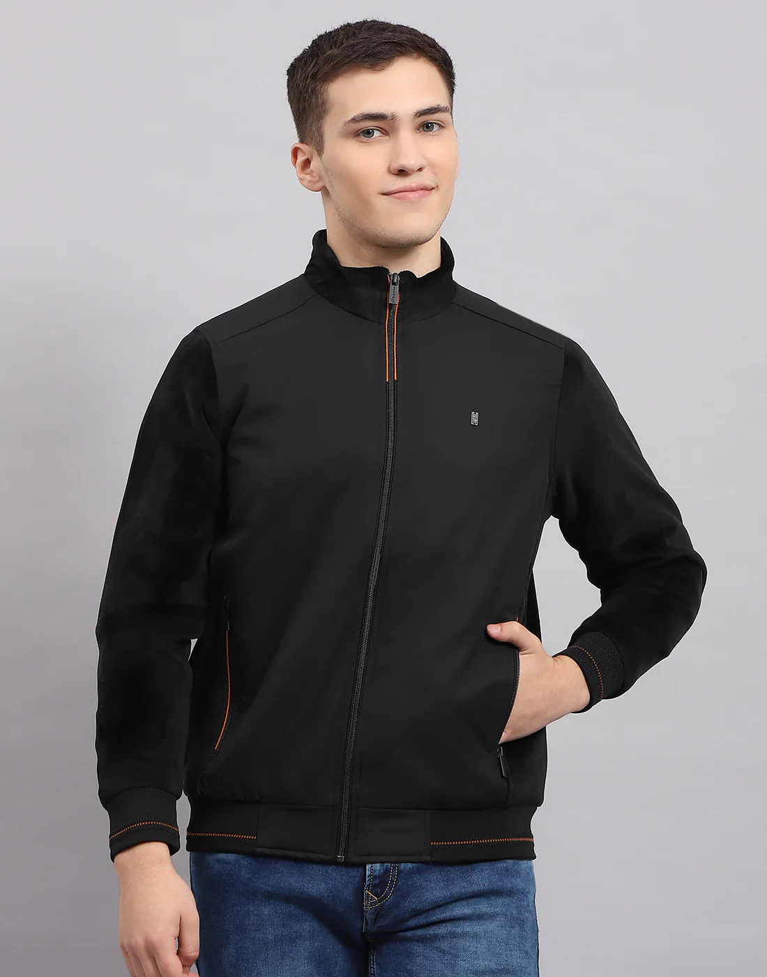 Men Black Solid Mock Neck Full Sleeve Jacket - Image 2