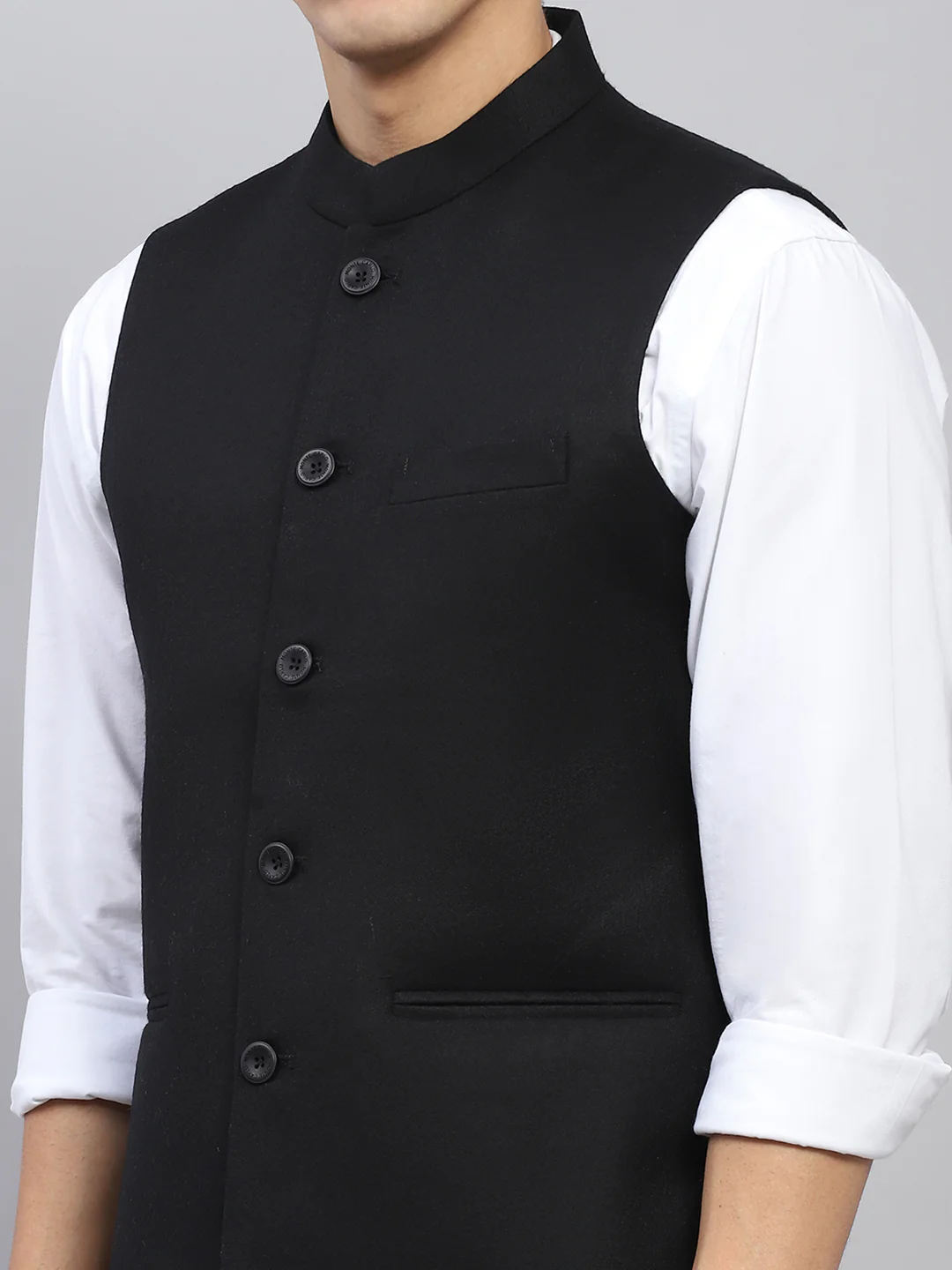 Men Black Solid Mock Neck Sleeveless Jacket - Image 6