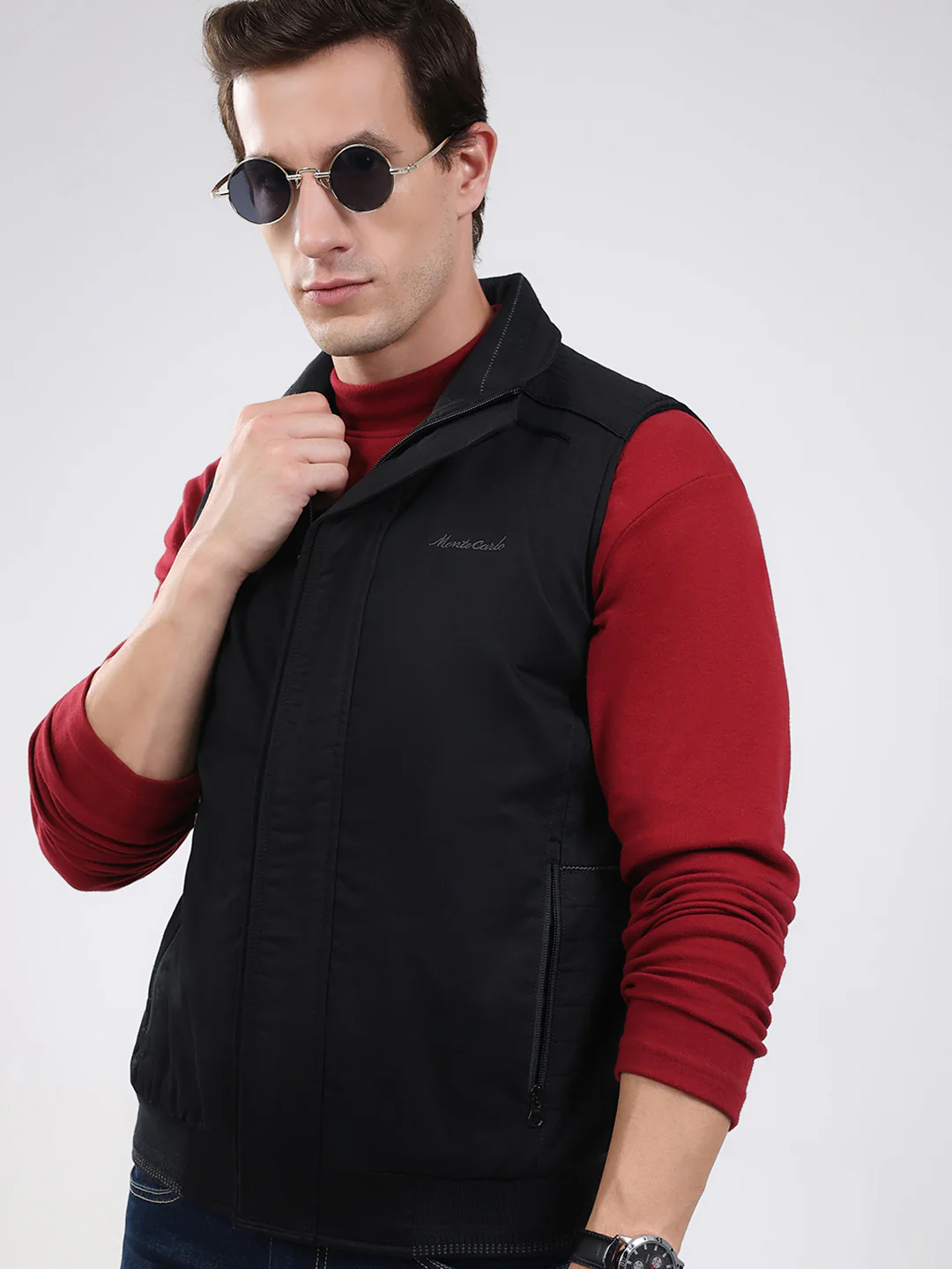 Men Black Solid Mock Neck Sleeveless Jacket - Image 6
