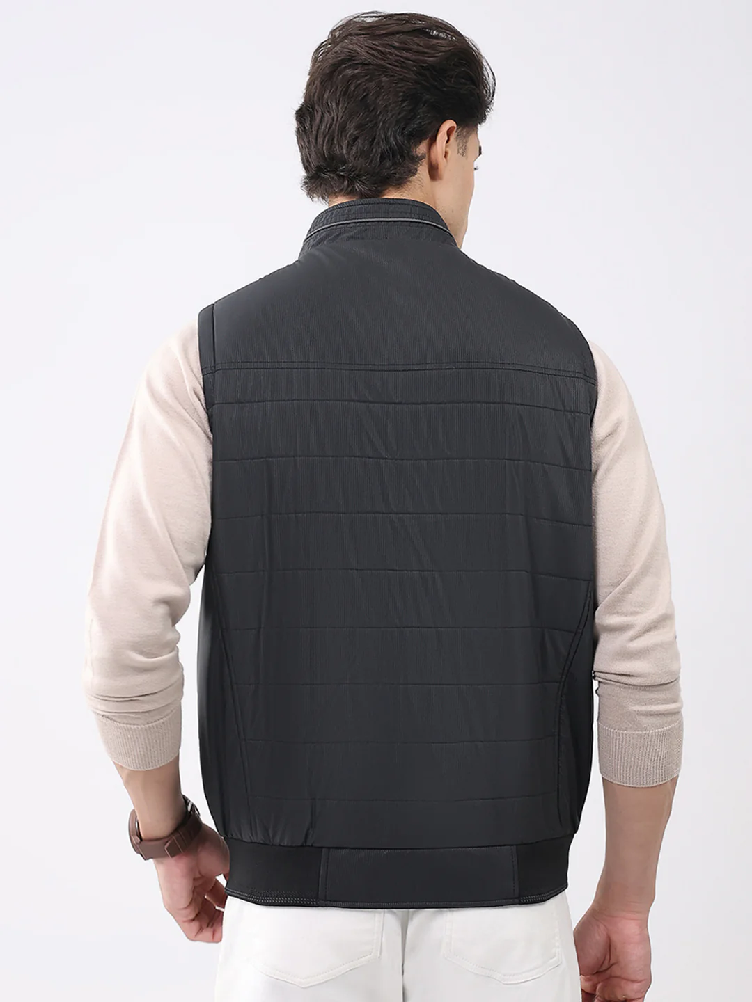 Men Black Solid Mock Neck Sleeveless Jacket - Image 5