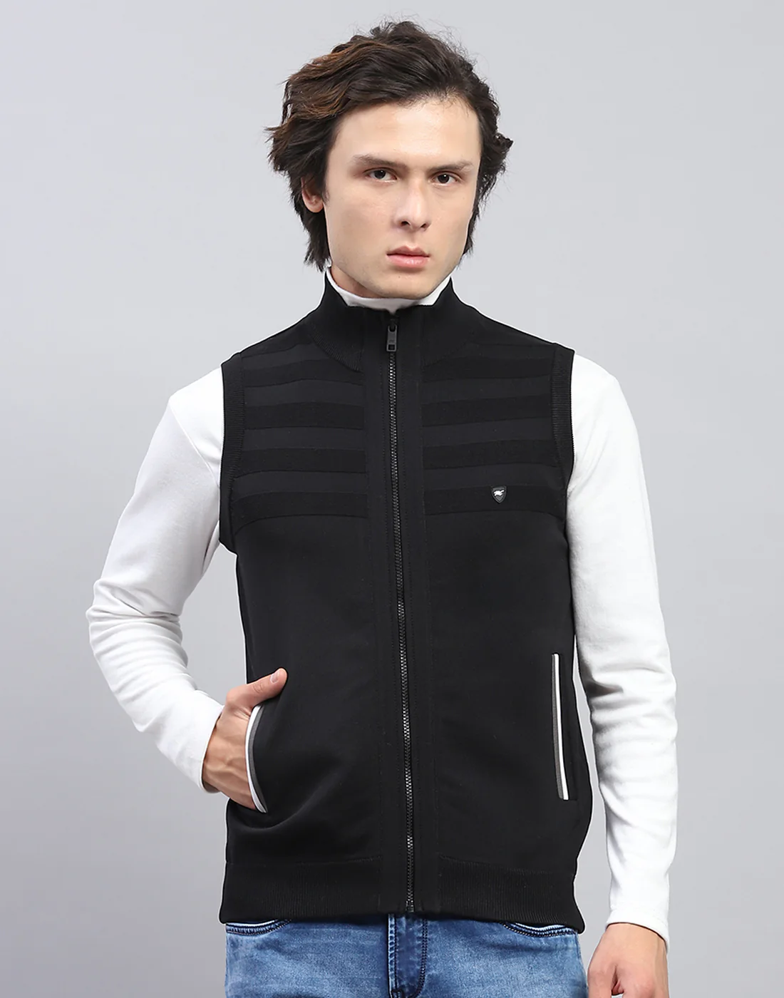 Men Black Solid Mock Neck Sleeveless Sweater - Image 2
