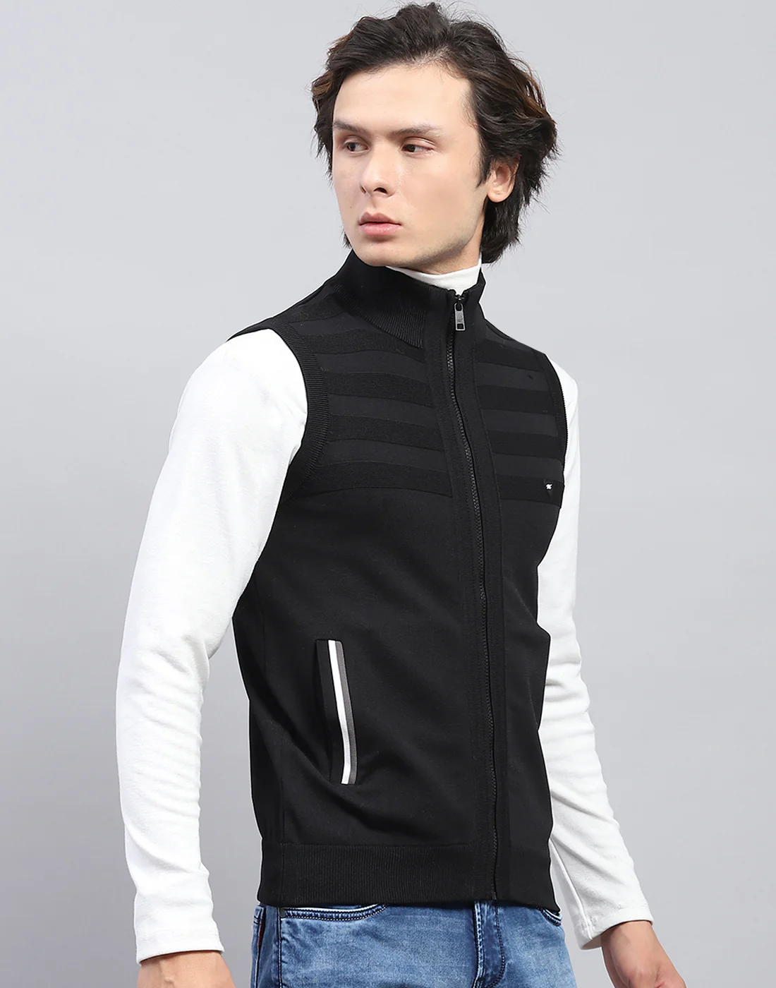Men Black Solid Mock Neck Sleeveless Sweater - Image 4