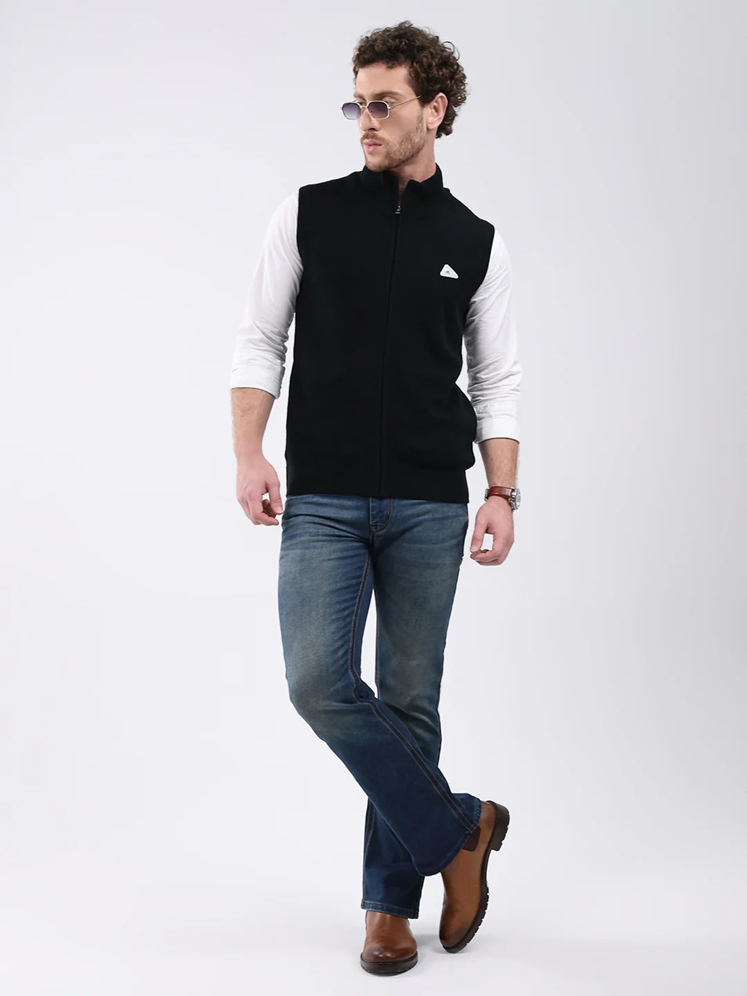 Men Black Solid Mock Neck Sleeveless Sweater - Image 2
