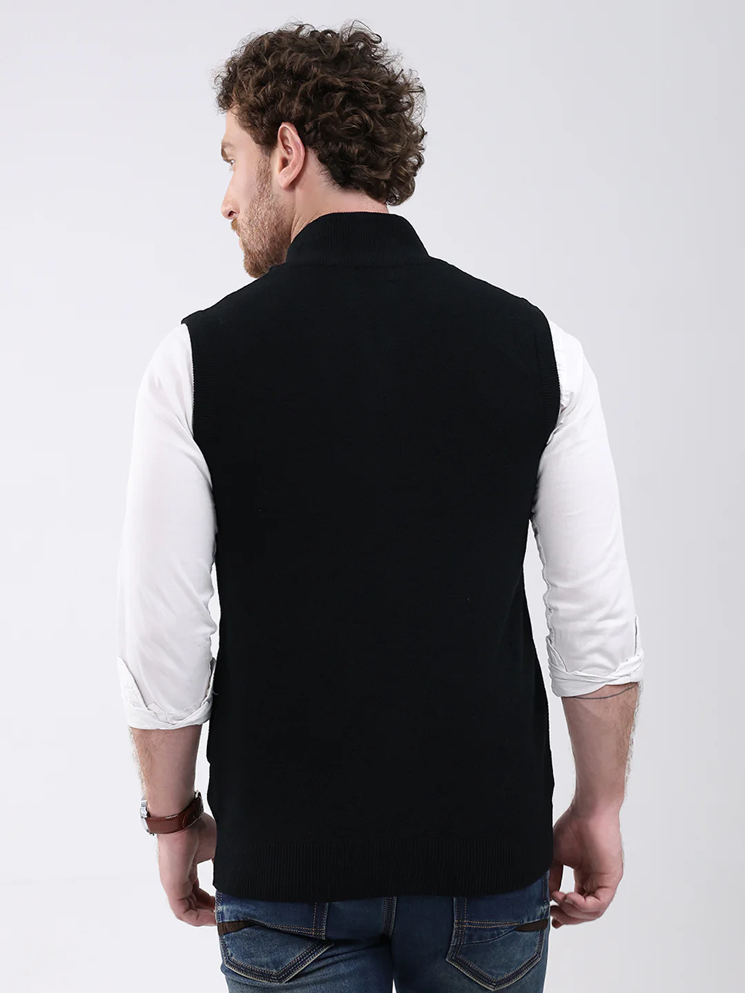 Men Black Solid Mock Neck Sleeveless Sweater - Image 5