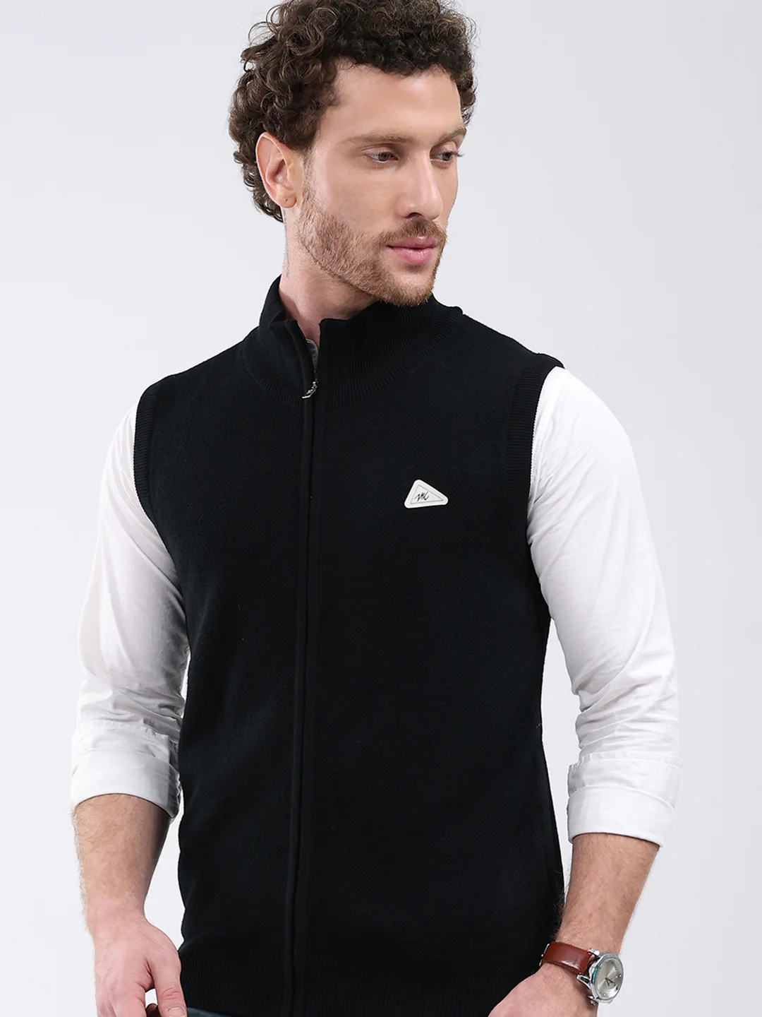 Men Black Solid Mock Neck Sleeveless Sweater - Image 6