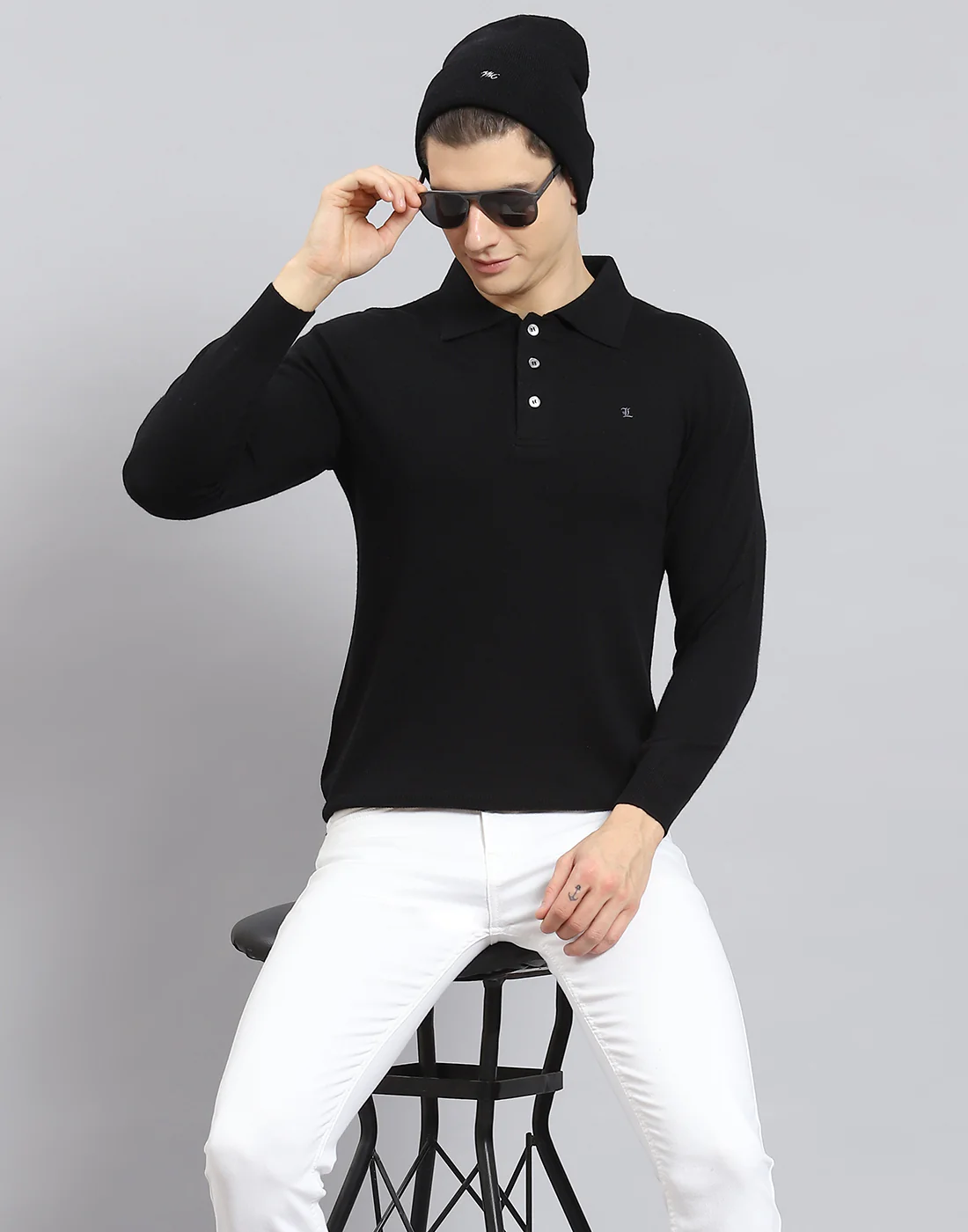 Men Black Solid Polo Collar Full Sleeve T-Shirt - Image 2