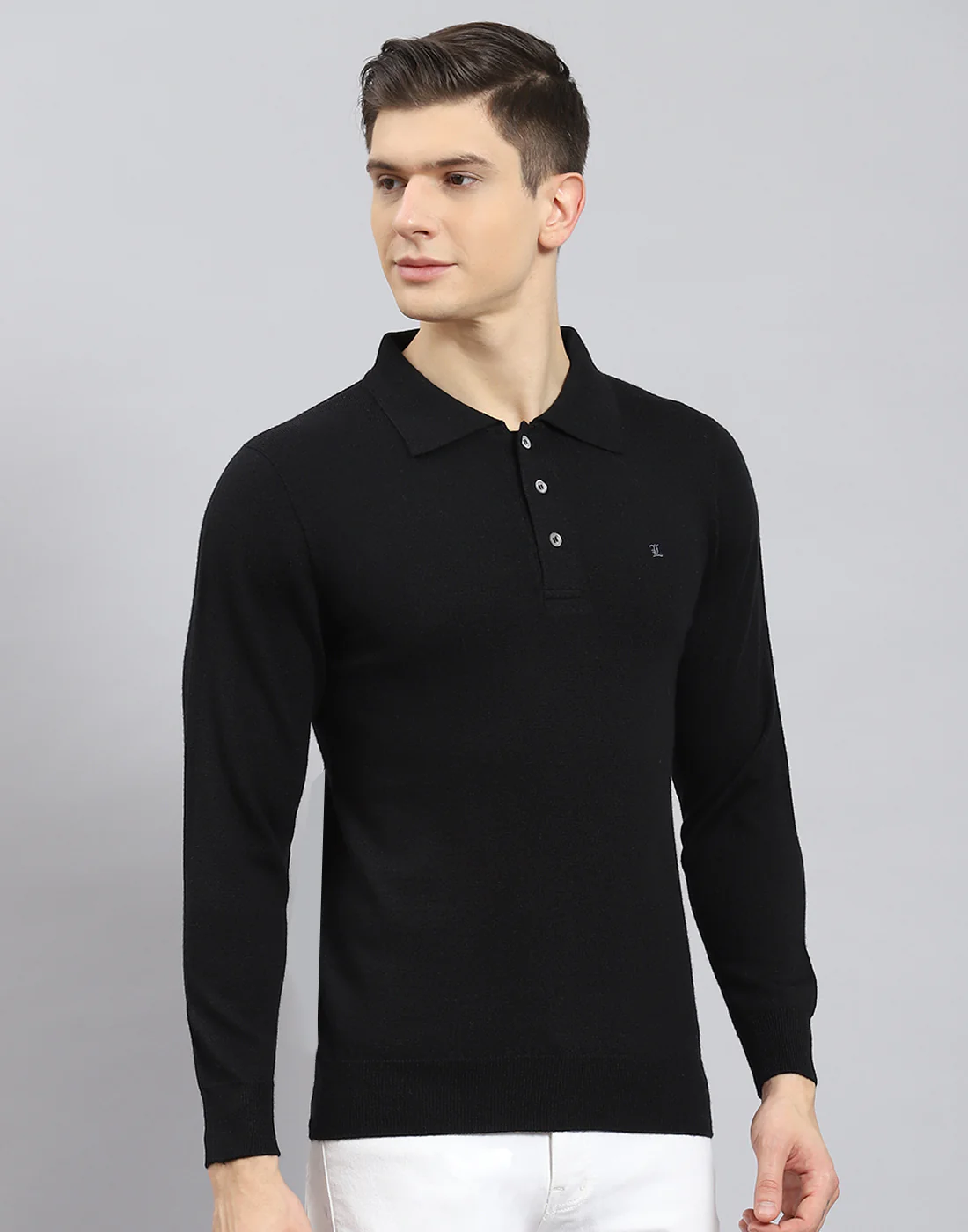 Men Black Solid Polo Collar Full Sleeve T-Shirt - Image 6