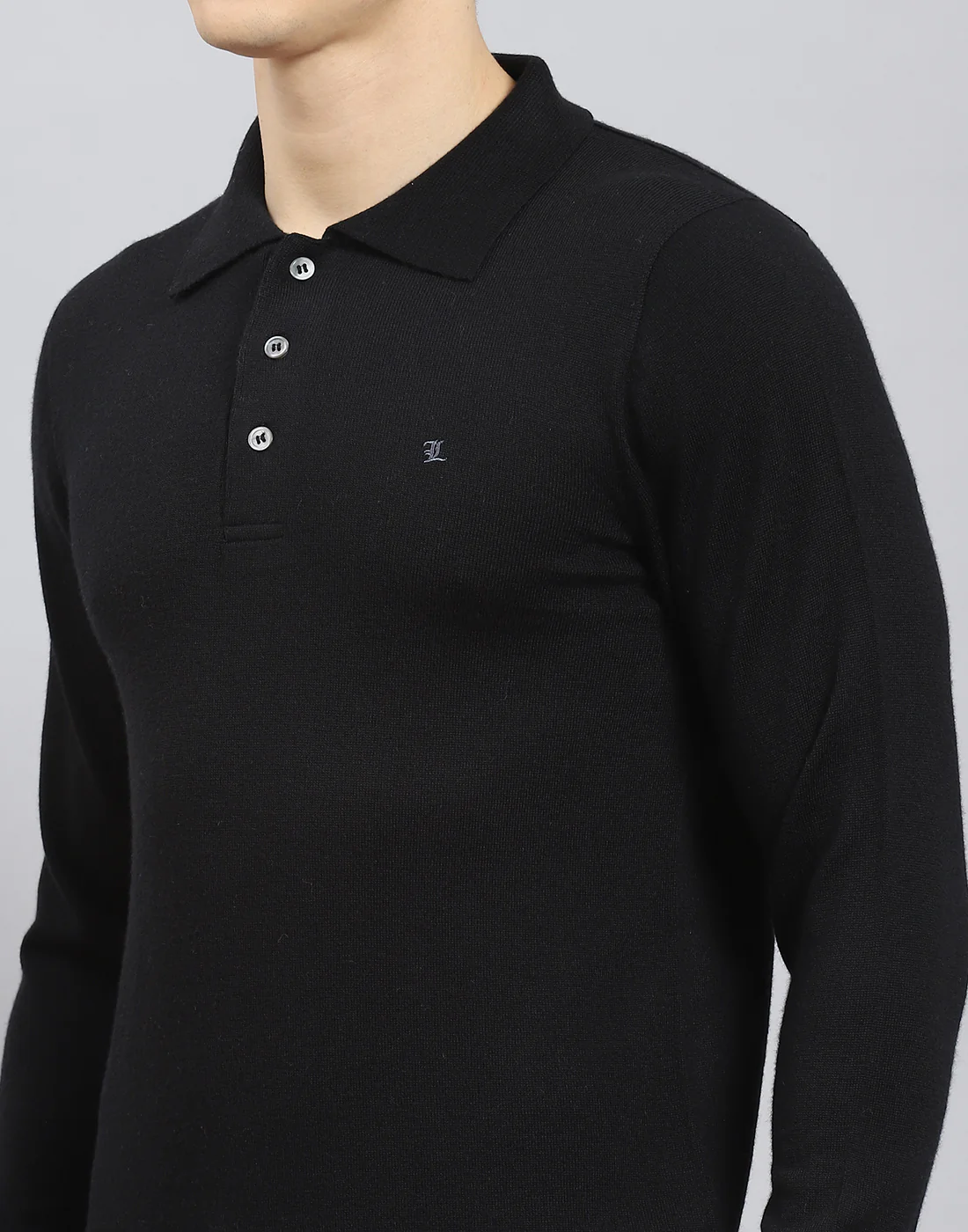 Men Black Solid Polo Collar Full Sleeve T-Shirt - Image 8