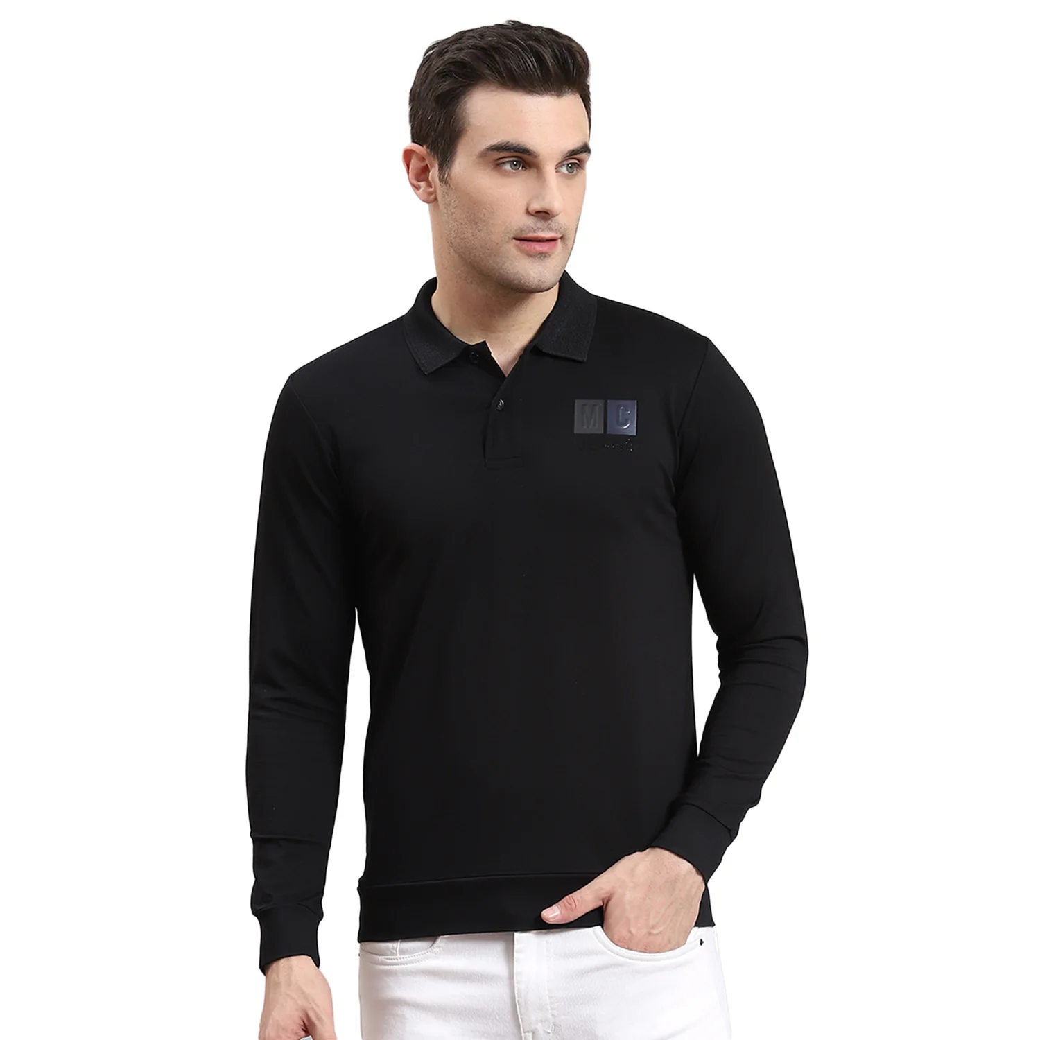 Men Black Solid Polo Collar Full Sleeve T-Shirt - Image 5