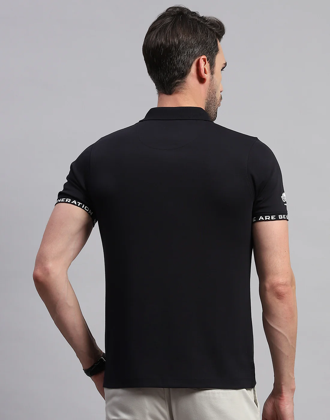 Men Black Solid Polo Collar Half Sleeve T-Shirt - Image 5