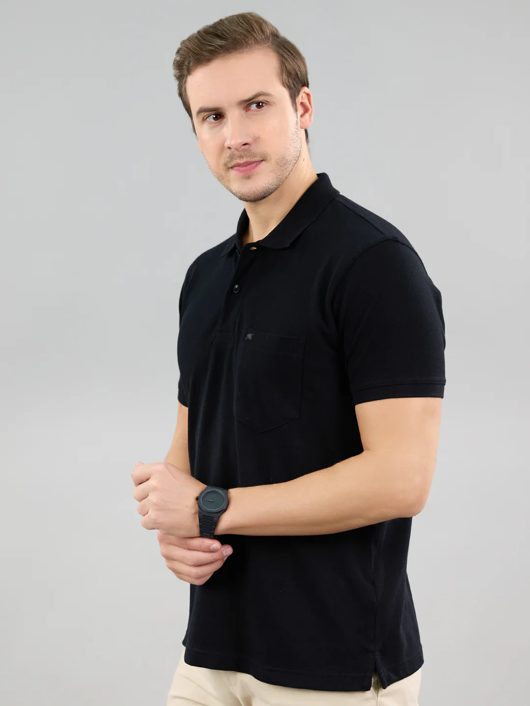 Men Black Solid Polo Collar Half Sleeve T-Shirt - Image 2