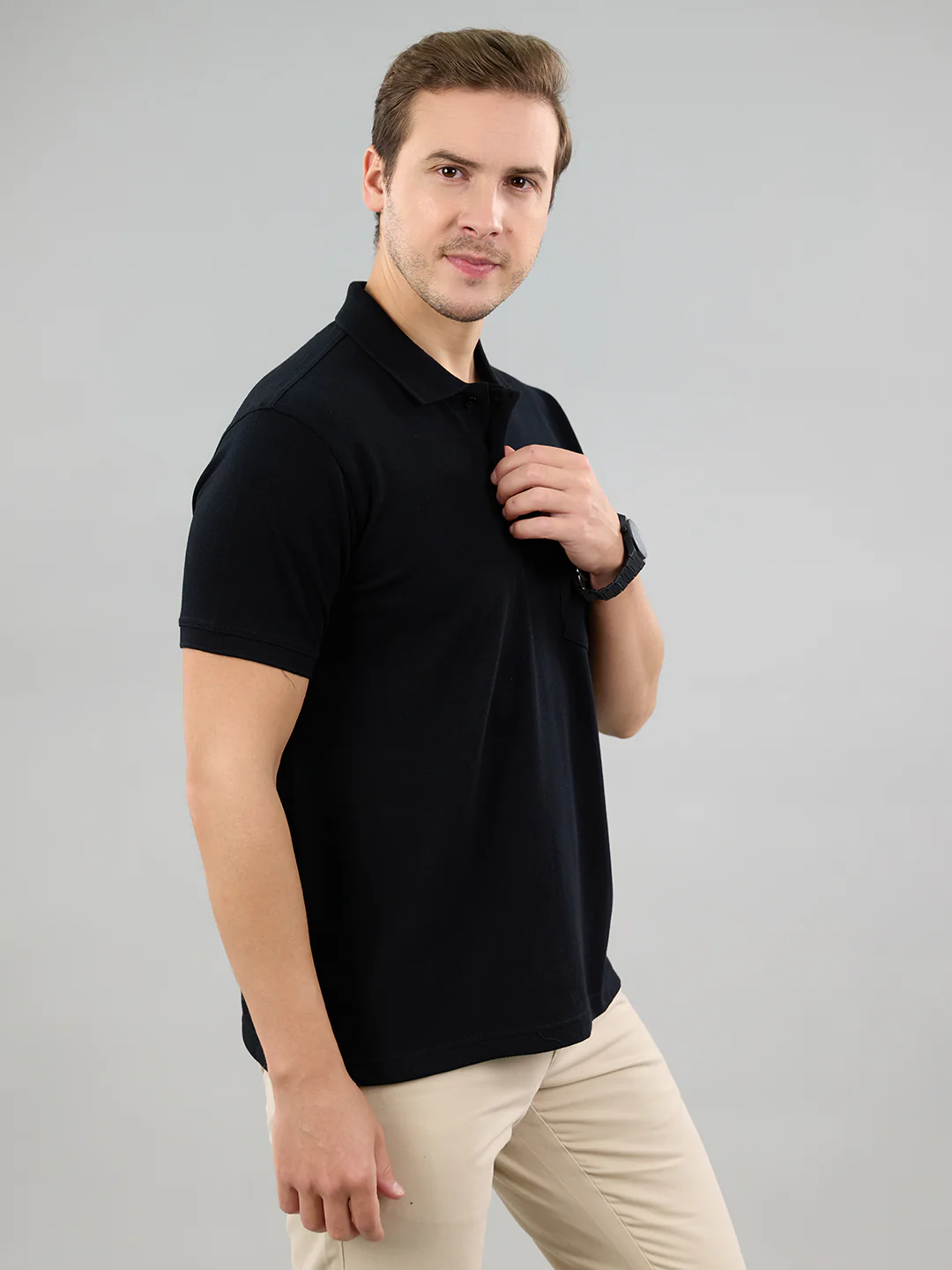 Men Black Solid Polo Collar Half Sleeve T-Shirt - Image 3