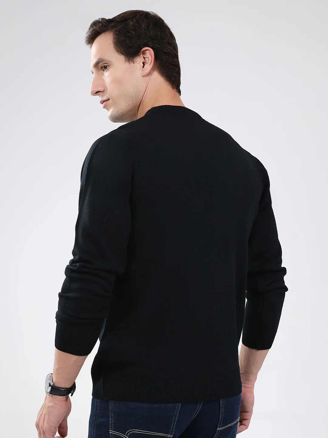 Men Black Solid Round Neck Full Sleeve Pullover - Image 5