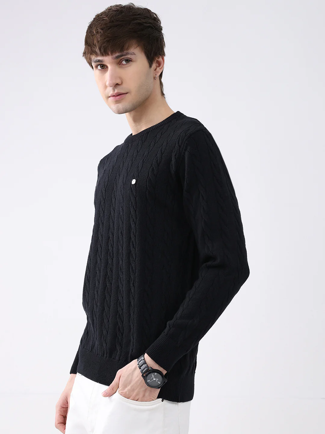 Men Black Solid Round Neck Full Sleeve Pullover - Image 3