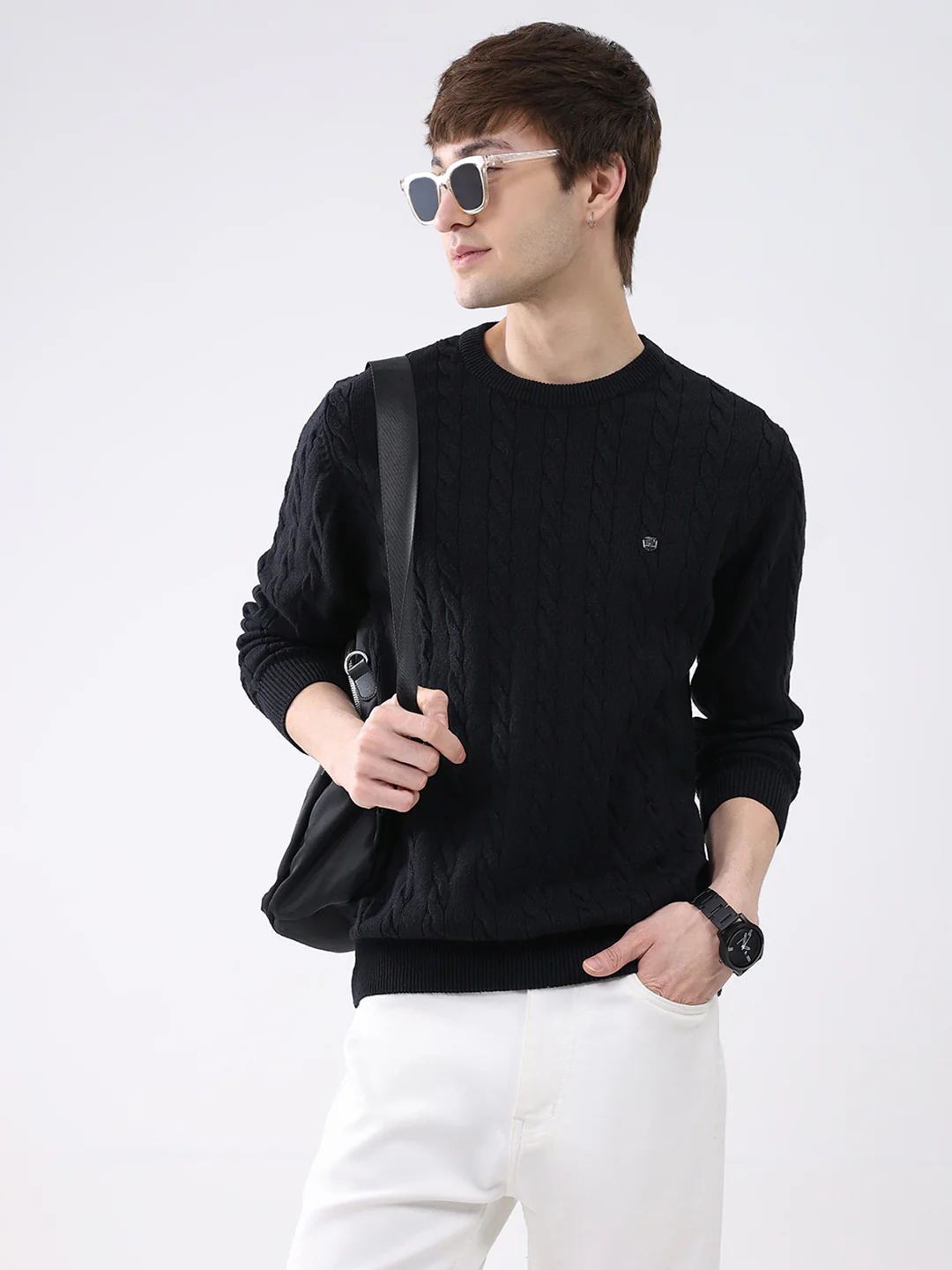 Men Black Solid Round Neck Full Sleeve Pullover - Image 6