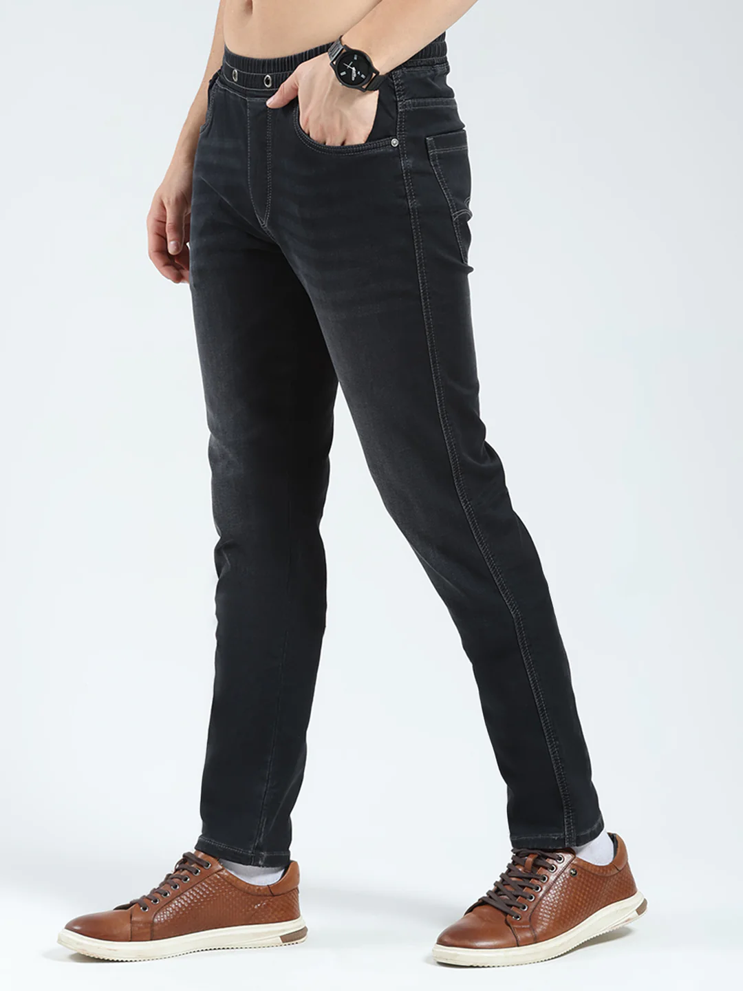 Men Black Solid Slim Fit Denim - Image 3