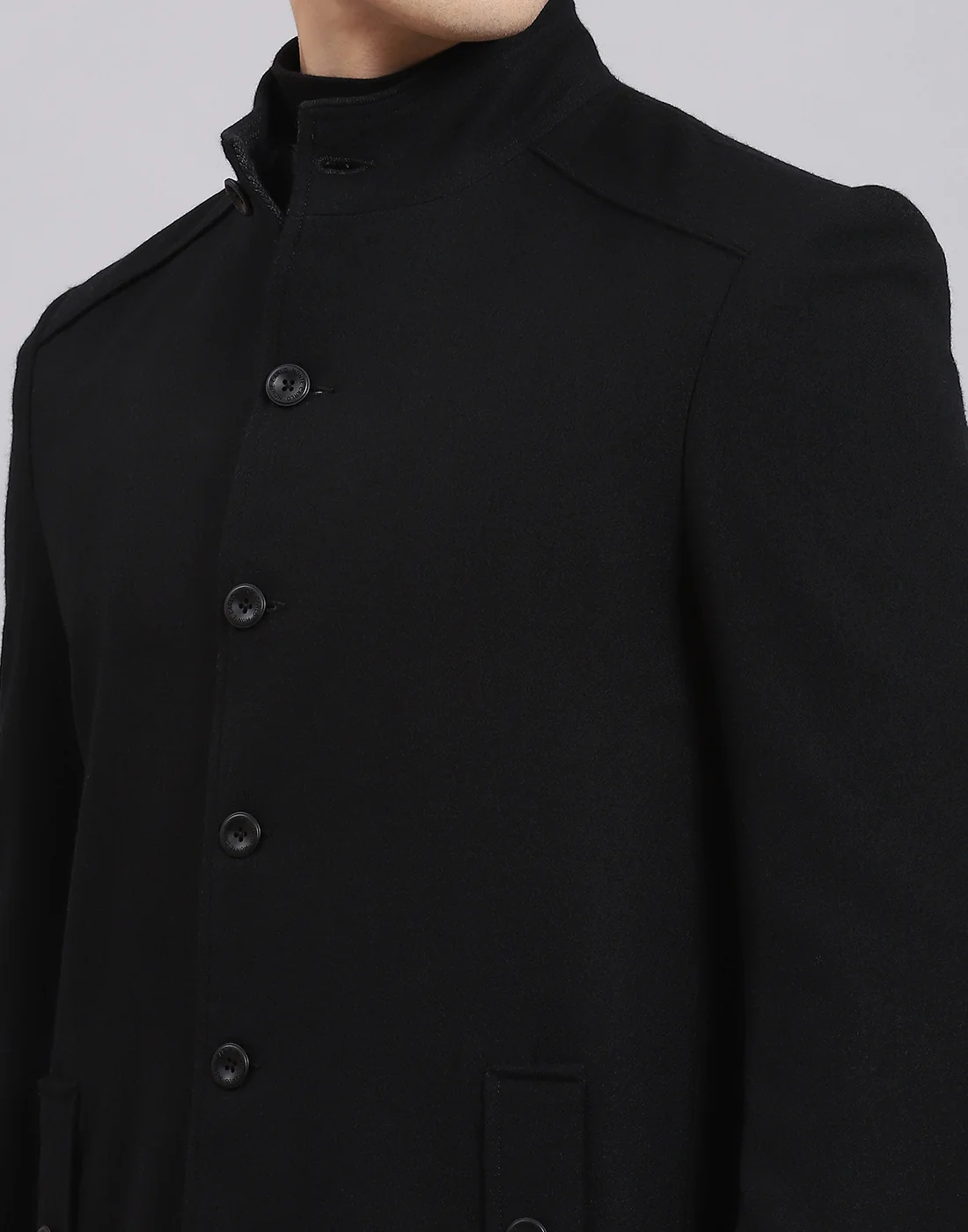 Men Black Solid Stand Collar Full Sleeve Coat - Image 8