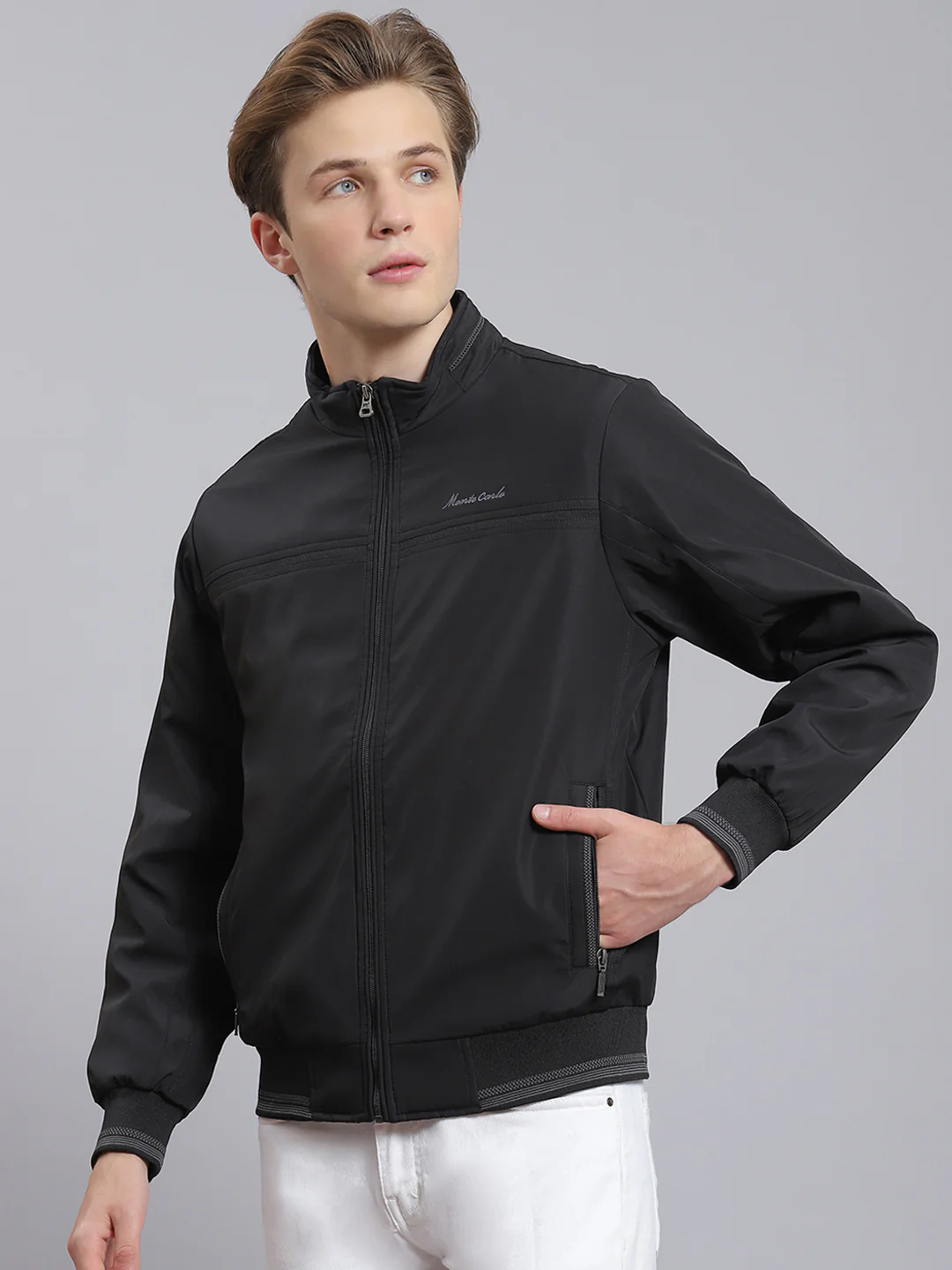 Men Black Solid Stand Collar Full Sleeve Jacket - Image 2