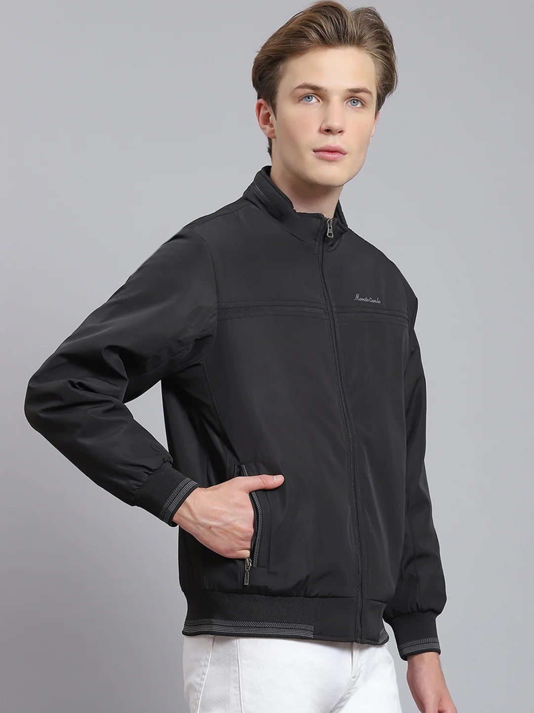 Men Black Solid Stand Collar Full Sleeve Jacket - Image 3