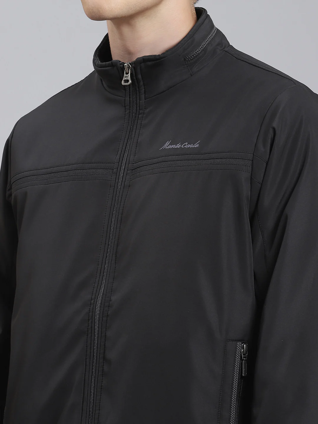 Men Black Solid Stand Collar Full Sleeve Jacket - Image 6
