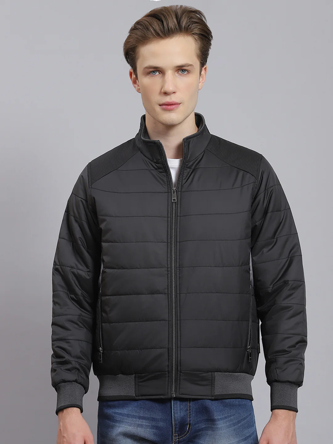 Men Black Solid Stand Collar Full Sleeve Jacket - Image 3