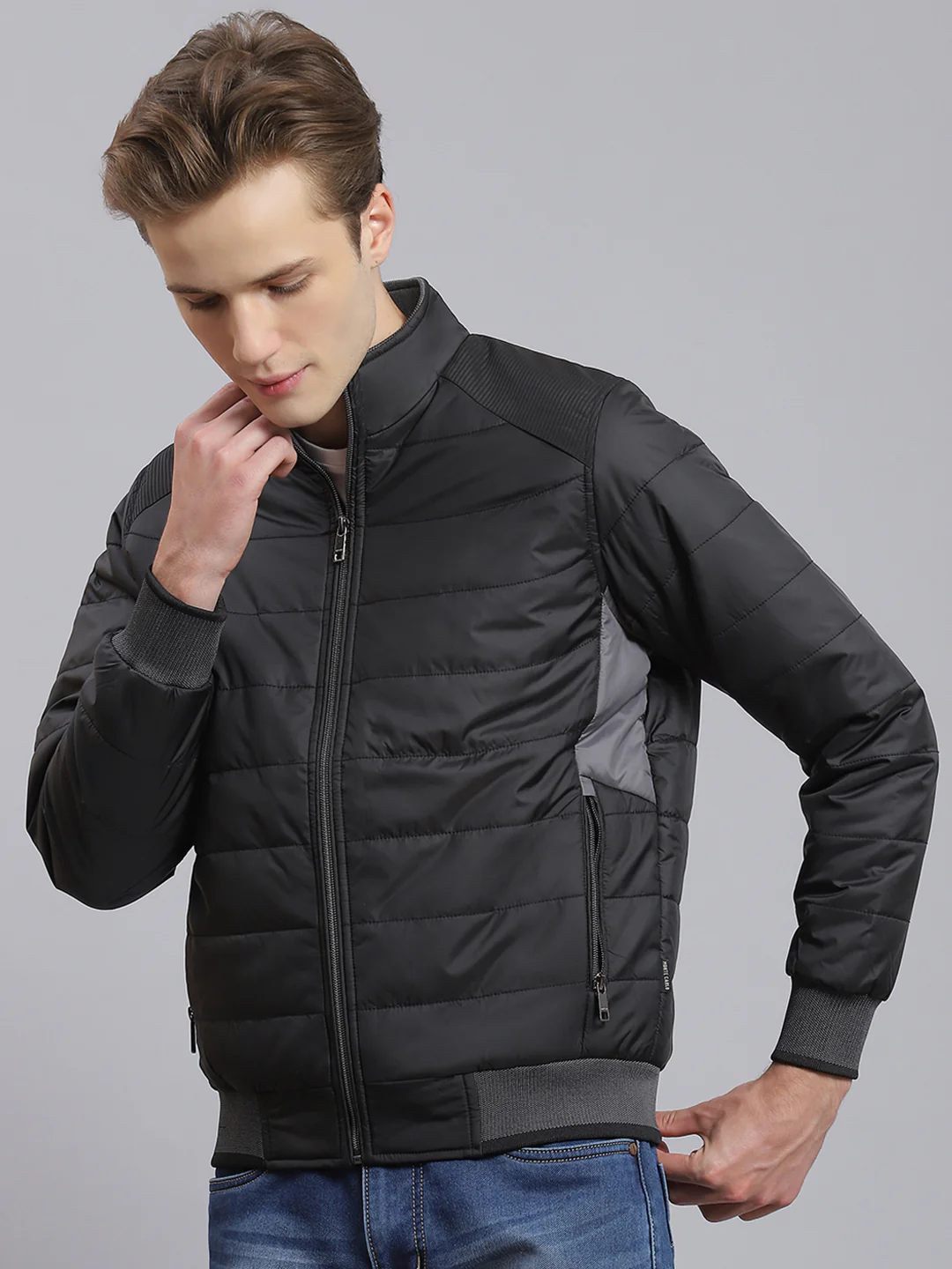 Men Black Solid Stand Collar Full Sleeve Jacket - Image 4