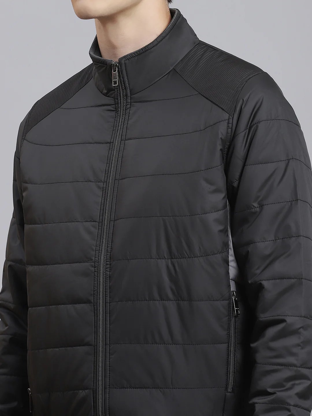 Men Black Solid Stand Collar Full Sleeve Jacket - Image 7
