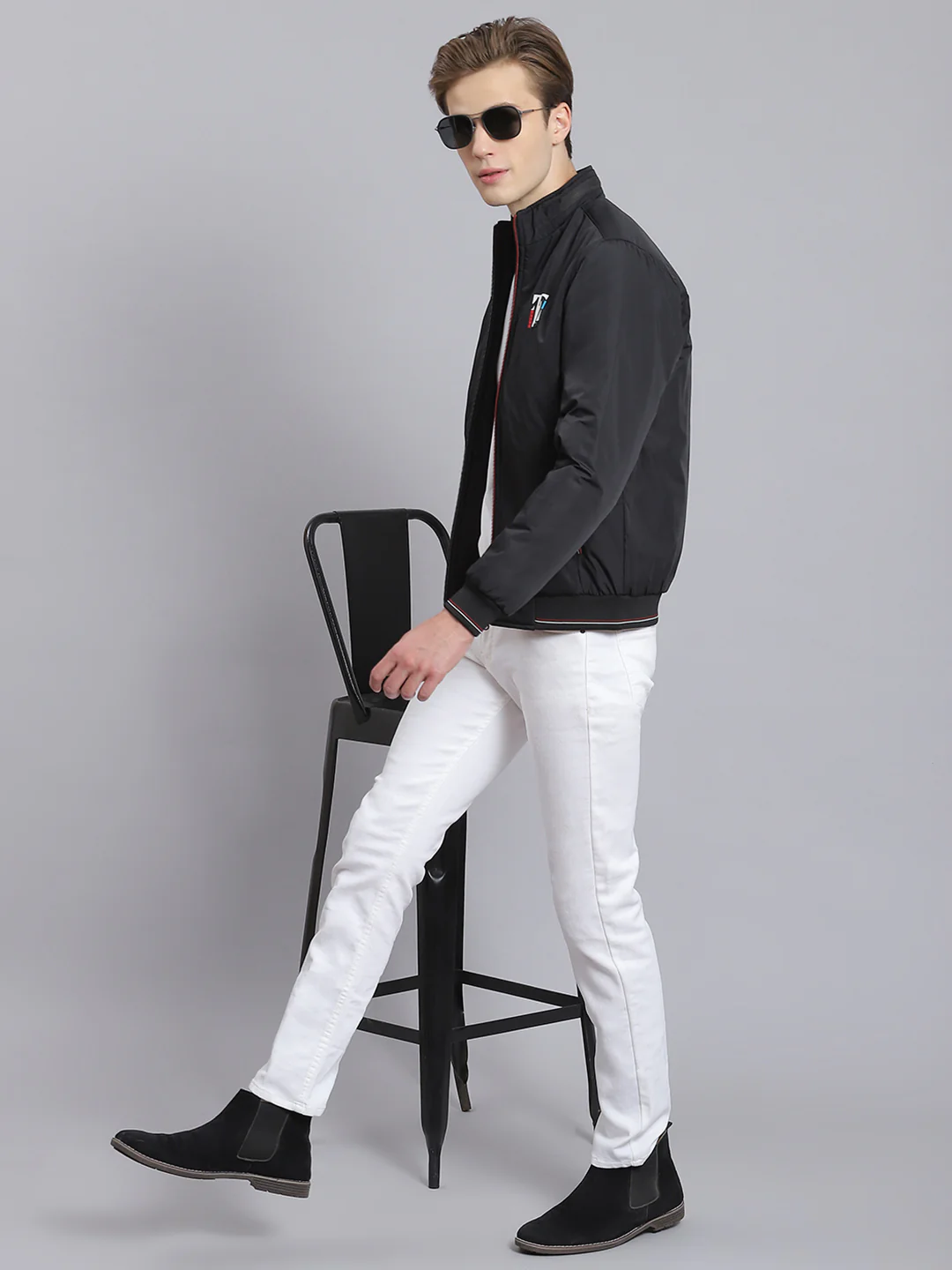 Men Black Solid Stand Collar Full Sleeve Jacket - Image 2