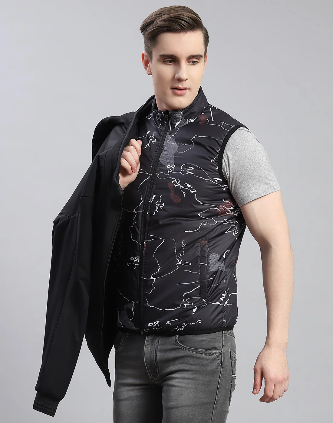 Men Black Solid Stand Collar Full Sleeve Reversible Jacket - 2 Pc set - Image 4