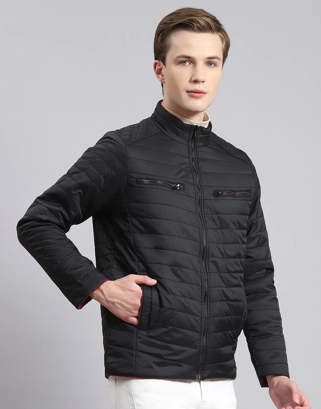 Men Black Solid Stand Collar Full Sleeve Jacket - Image 5