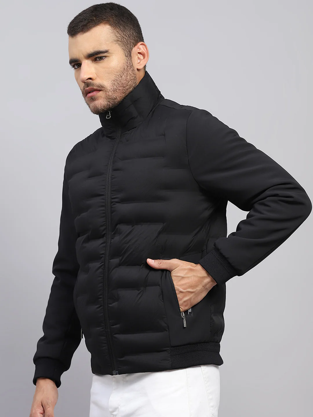 Men Black Solid Stand Collar Full Sleeve Jacket - Image 3