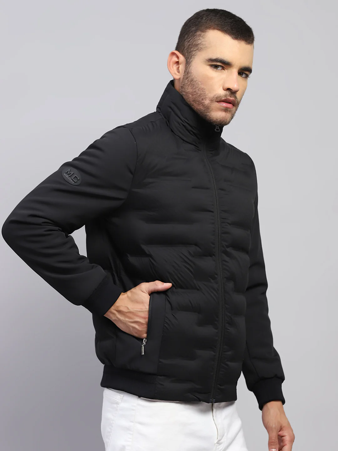 Men Black Solid Stand Collar Full Sleeve Jacket - Image 4