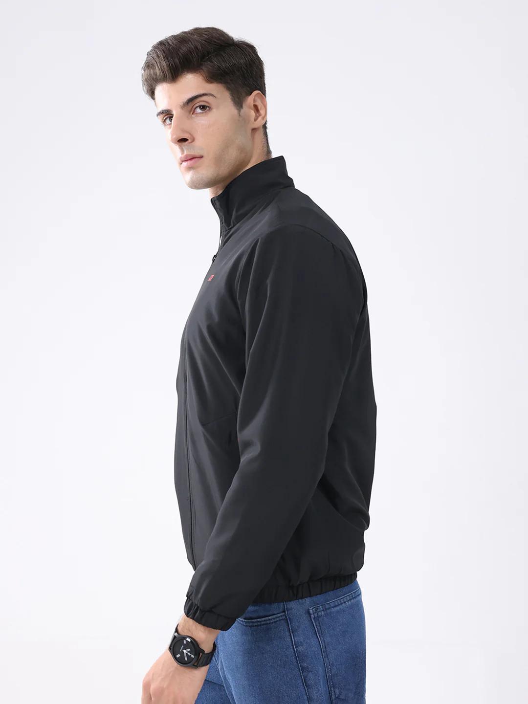 Men Black Solid Stand Collar Full Sleeve Jacket - Image 3
