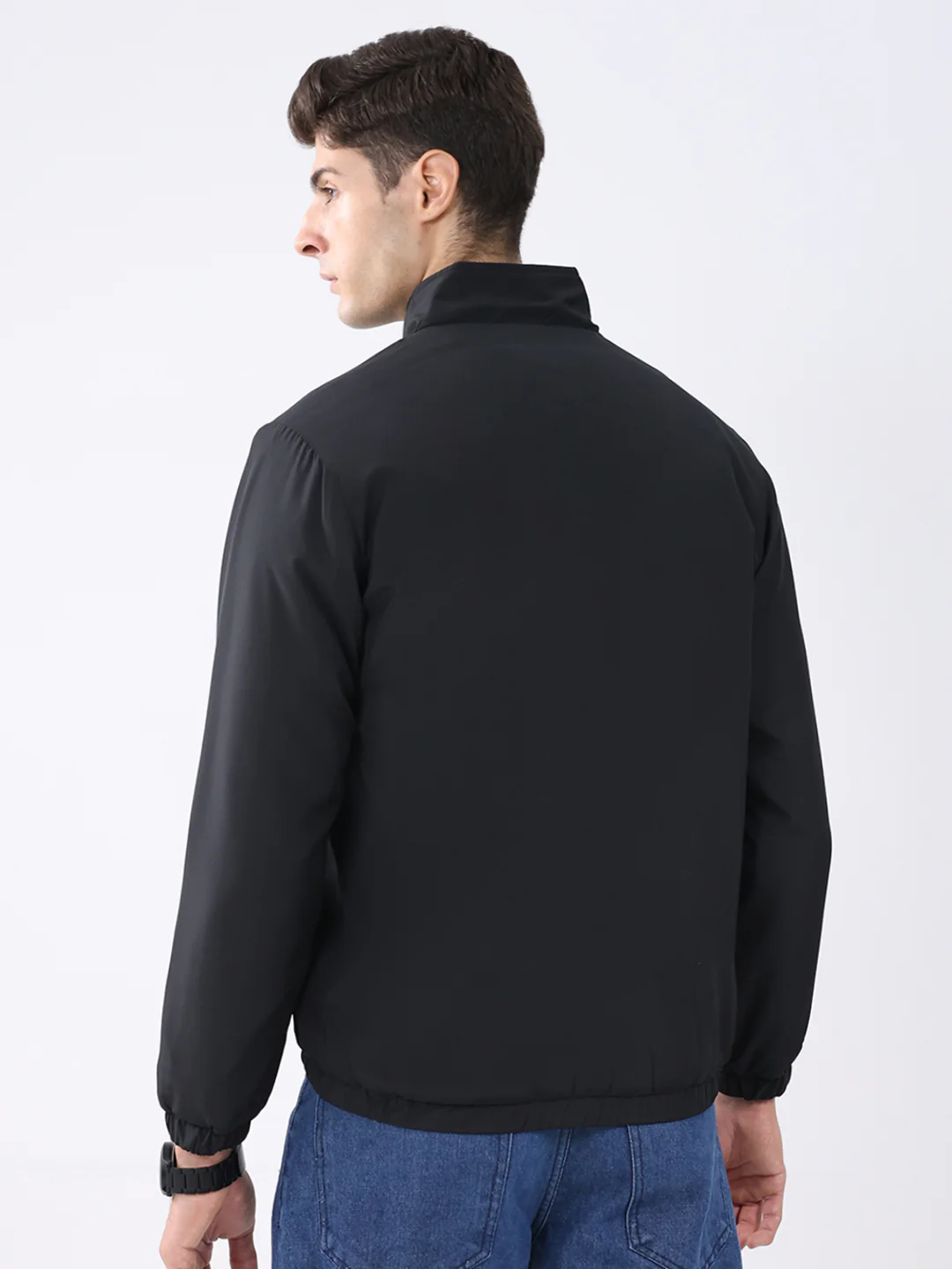 Men Black Solid Stand Collar Full Sleeve Jacket - Image 5