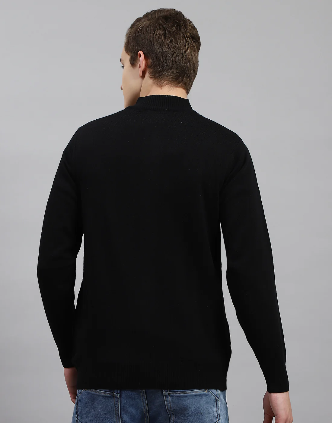 Men Black Solid Stand Collar Full Sleeve Pullover - Image 4