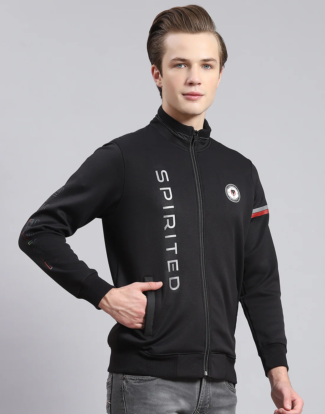 Men Black Solid Stand Collar Full Sleeve Sweatshirt - Image 4